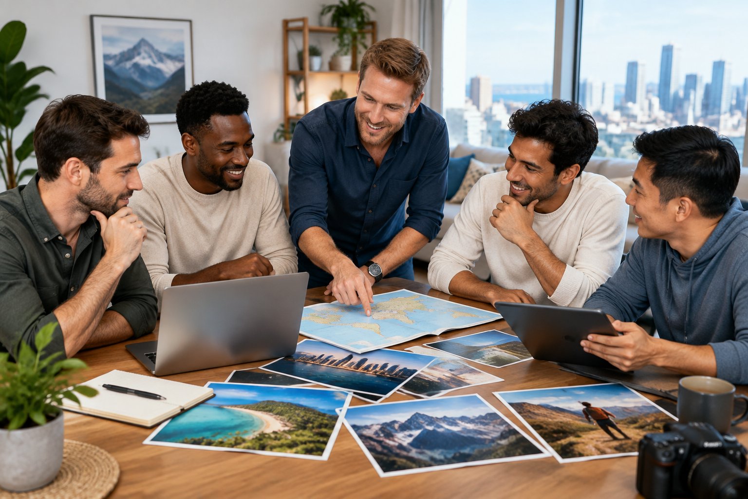A group of male friends compares travel ideas around a table using maps and digital devices.