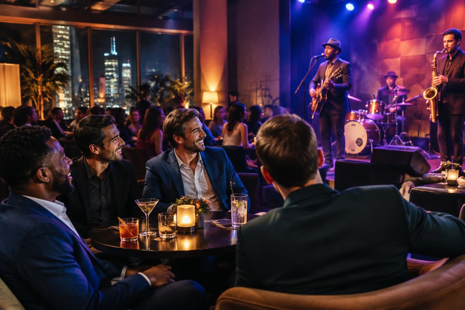 A group of male friends enjoying live music together in a lively nighttime venue.