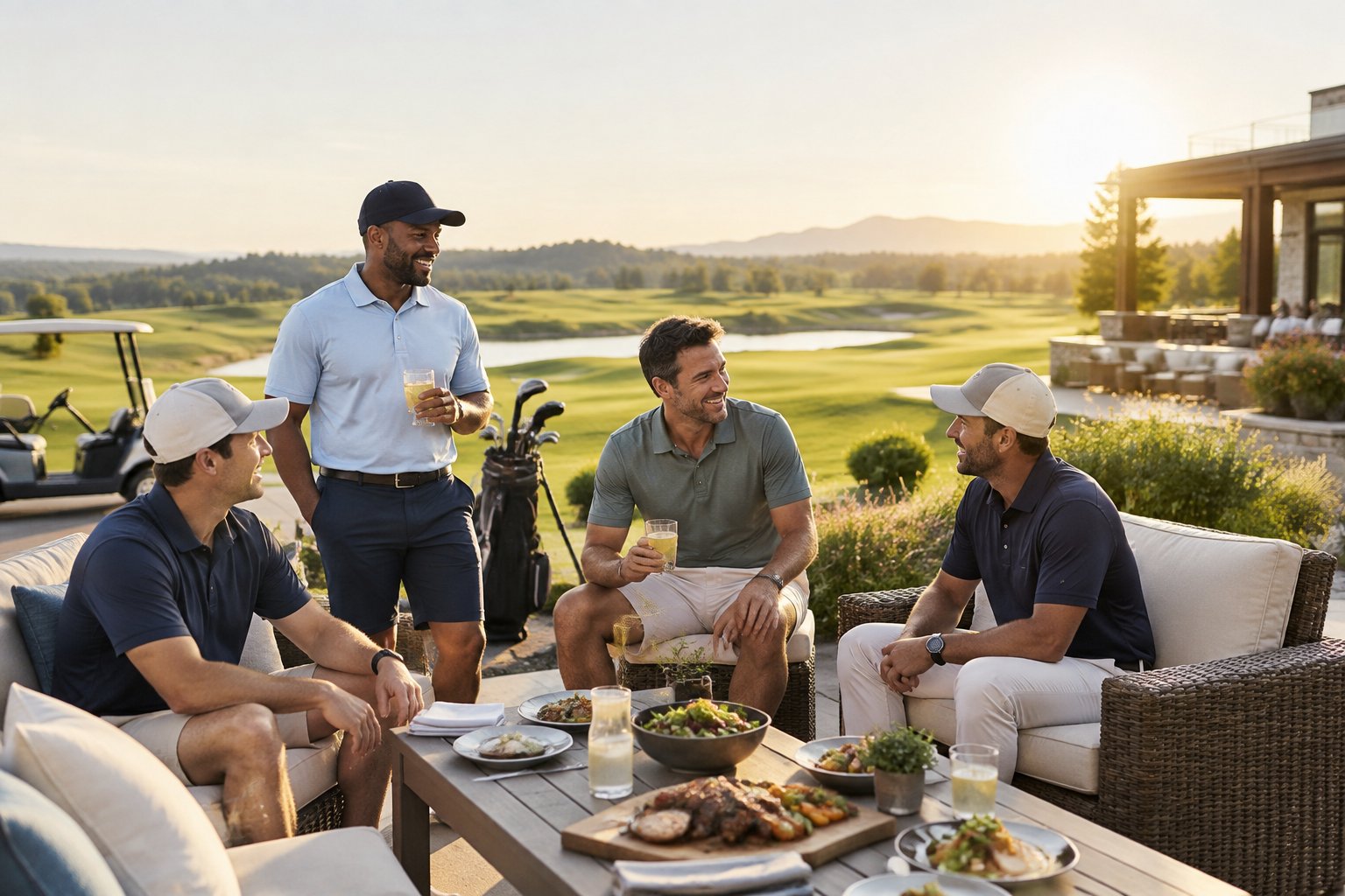 Four male friends relax together at a golf resort beside a meal and a manicured fairway.