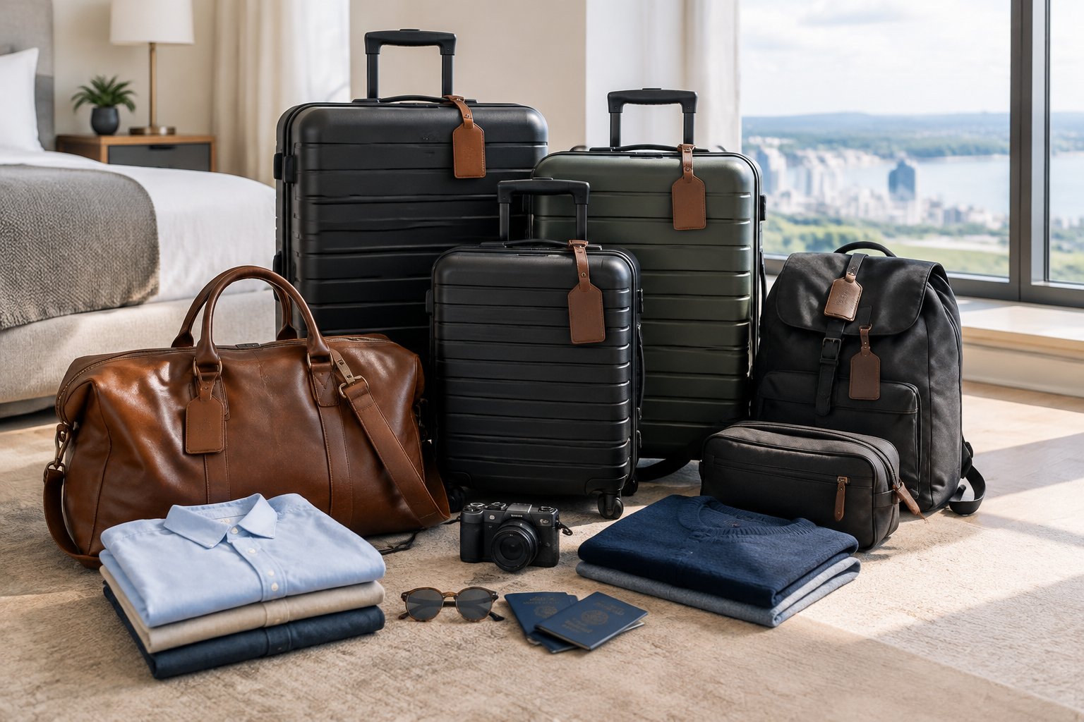 Suitcases and travel bags packed for a bachelor party trip in a bright modern room.