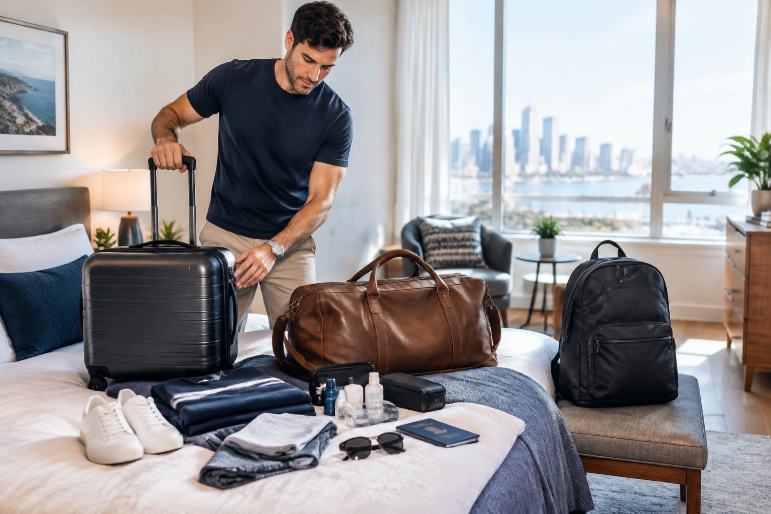 A traveler compares a carry-on suitcase, duffel bag, and backpack while packing clothes and travel essentials for a group trip.