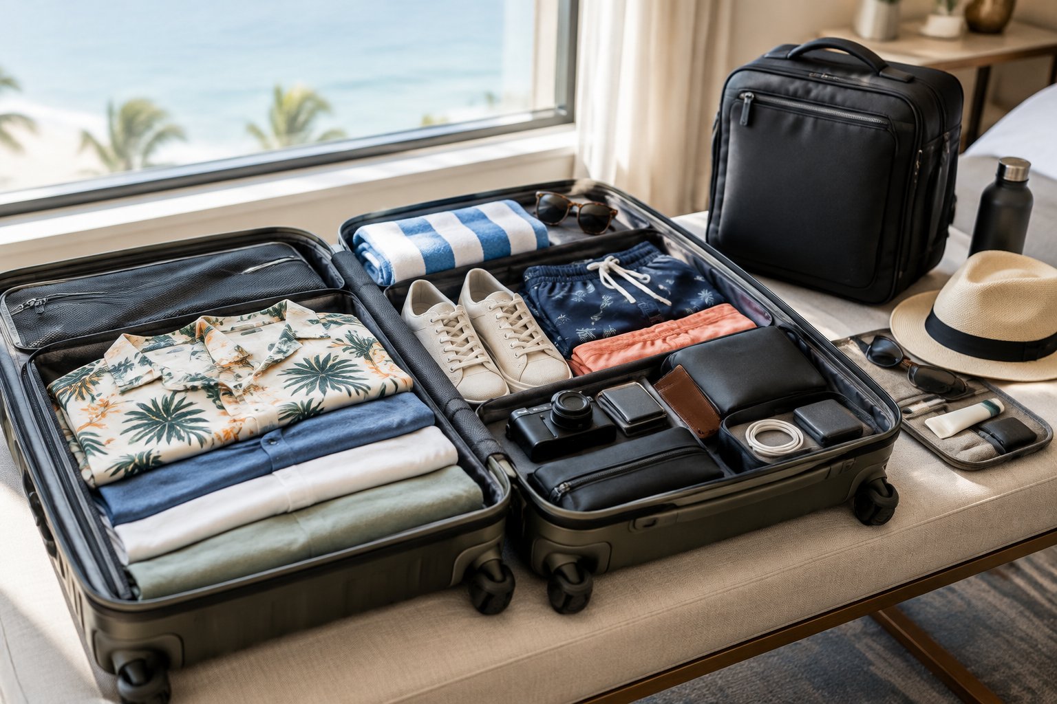 An open suitcase and carry-on bag neatly packed with clothing and travel accessories for a bachelor party trip.