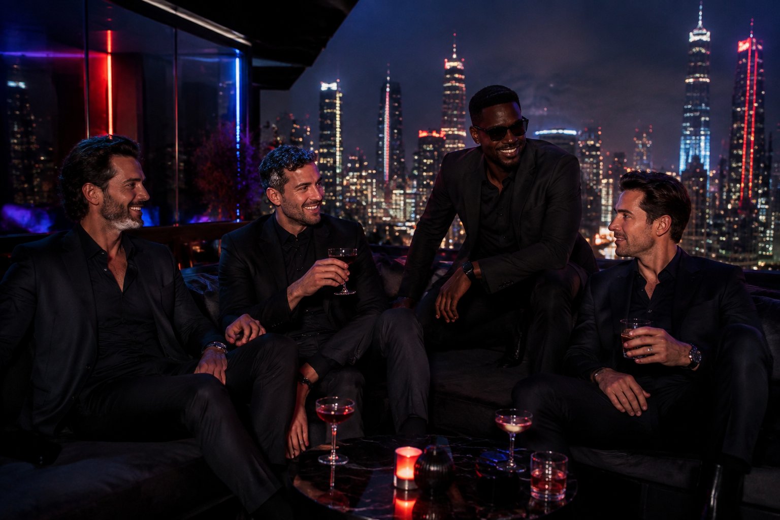 A group of friends celebrating at a stylish rooftop lounge overlooking a city at night.
