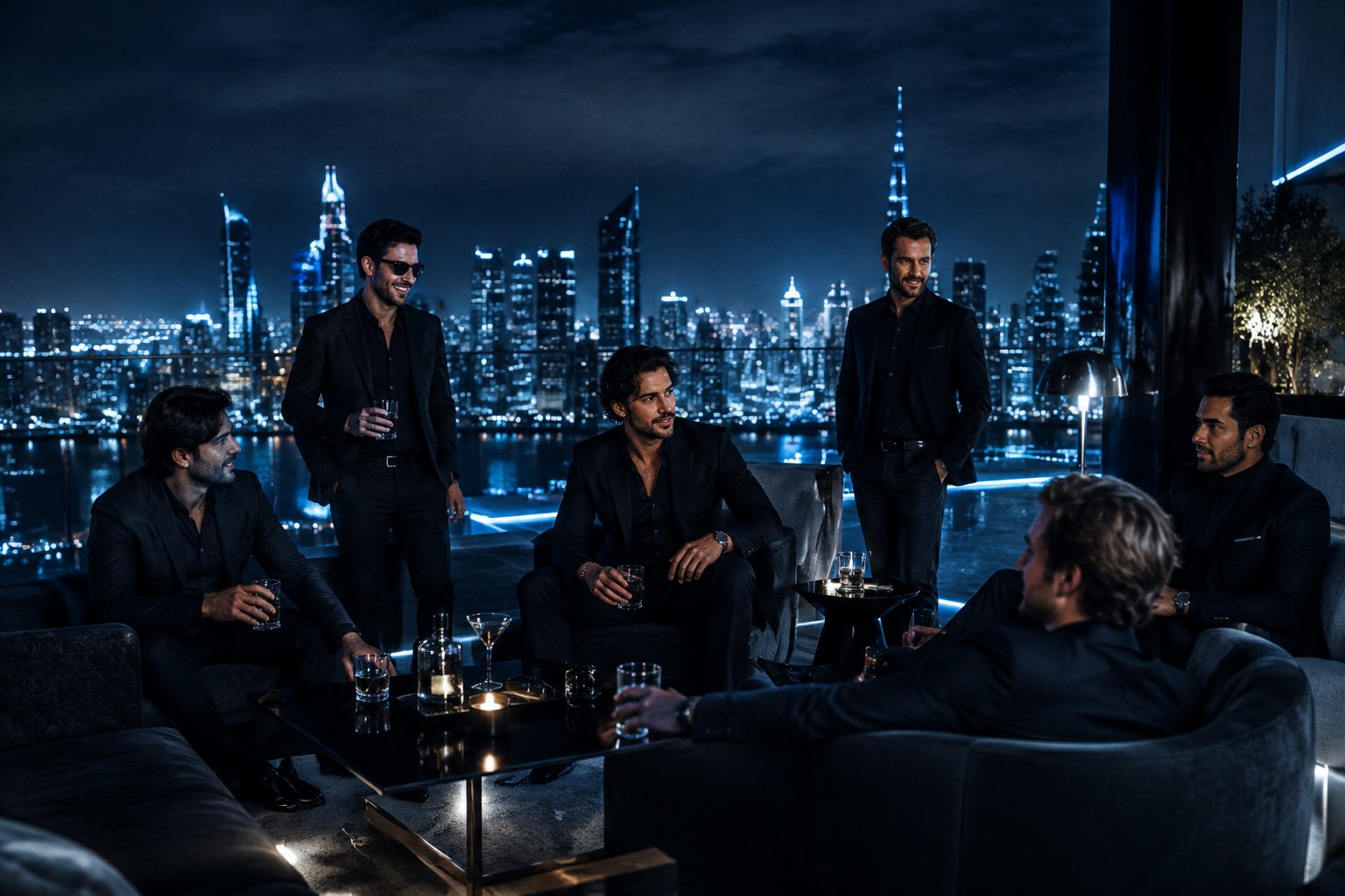 A groom and his friends enjoy an upscale rooftop gathering overlooking a modern city at night.