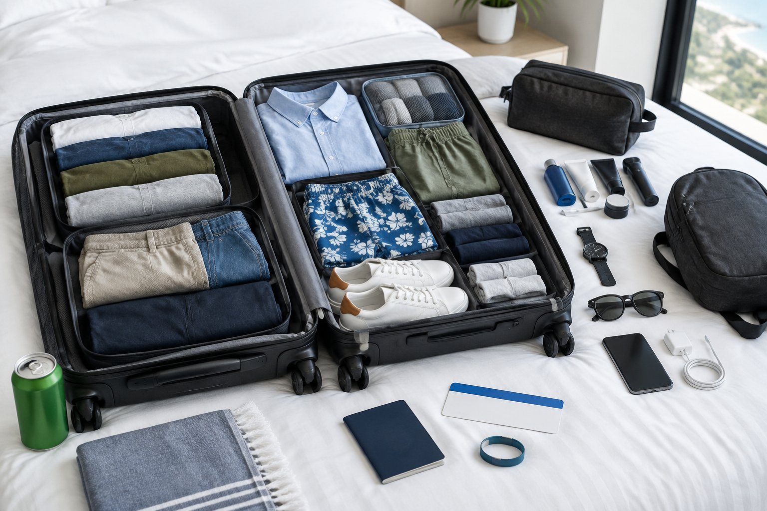 An open carry-on suitcase holds neatly organized clothing, shoes, toiletries, and travel accessories for a three-day bachelor party trip.