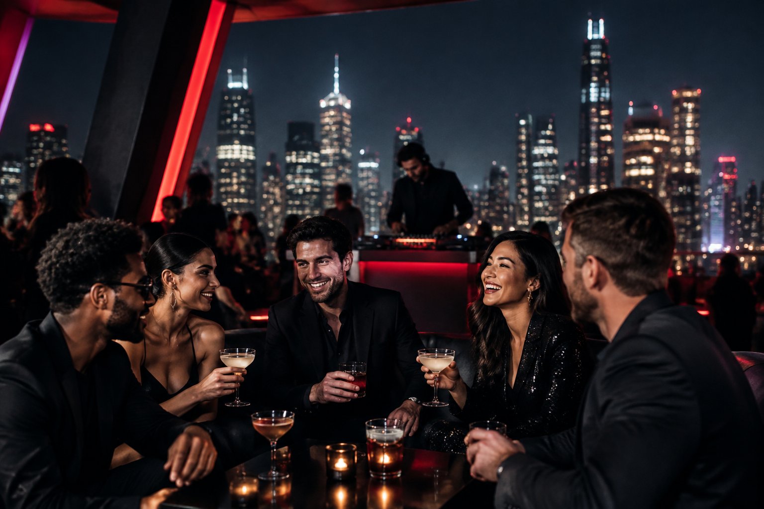A group of friends celebrates at an upscale rooftop bar while a DJ performs against a glowing city skyline.