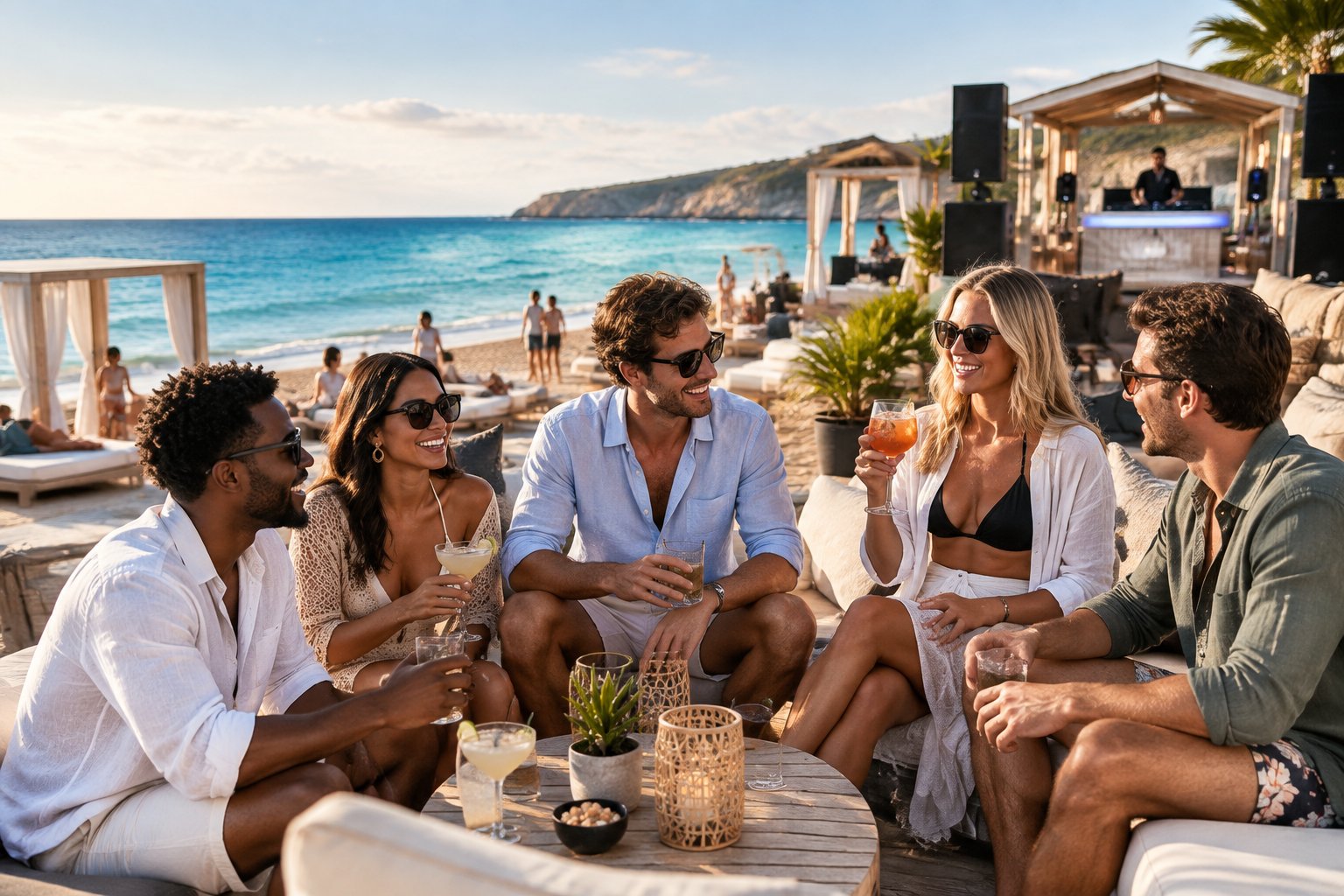 A group of friends enjoys drinks and conversation at a stylish beach club beside turquoise ocean water.