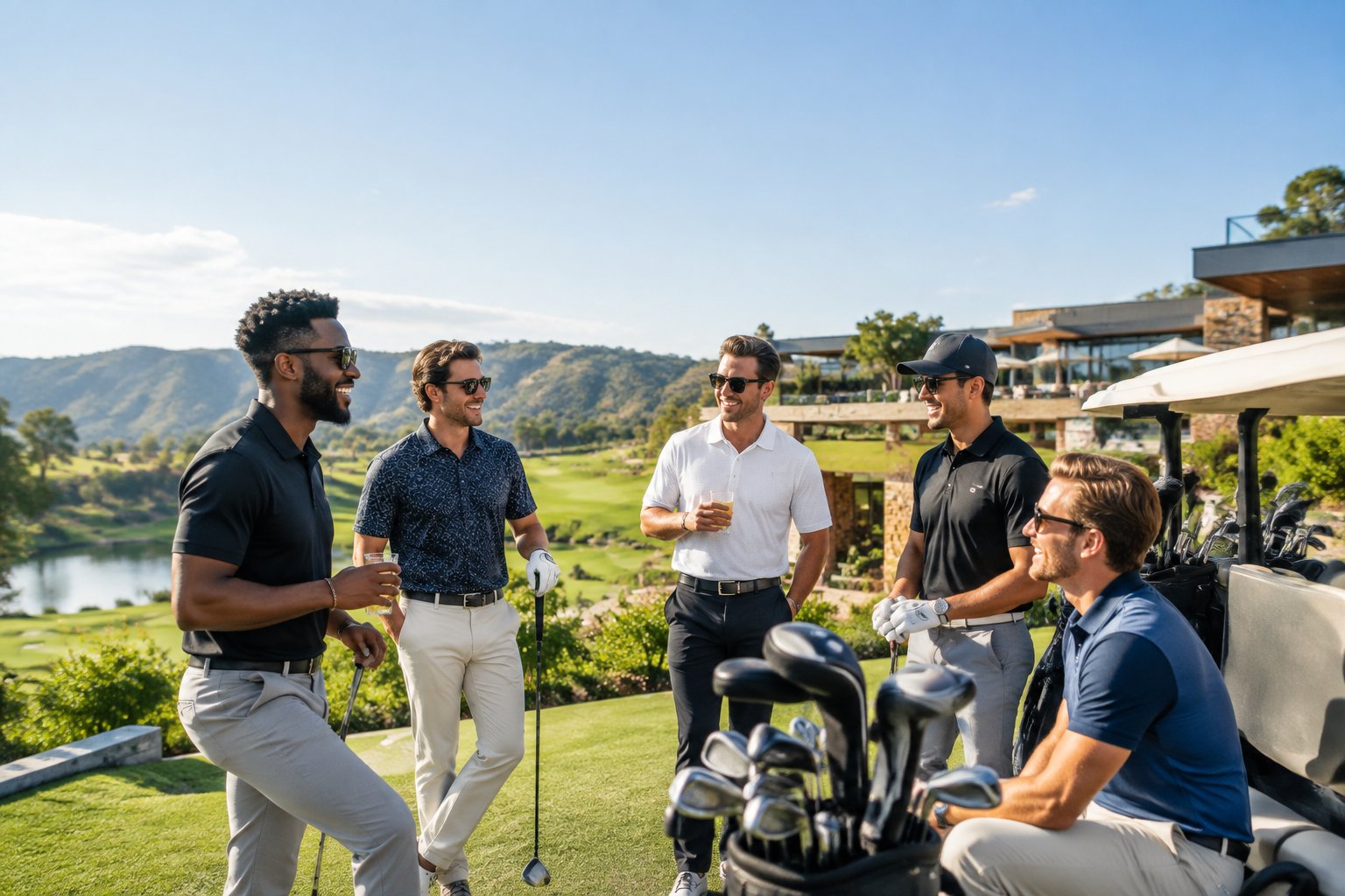Friends enjoy a daytime golf outing at a scenic resort.