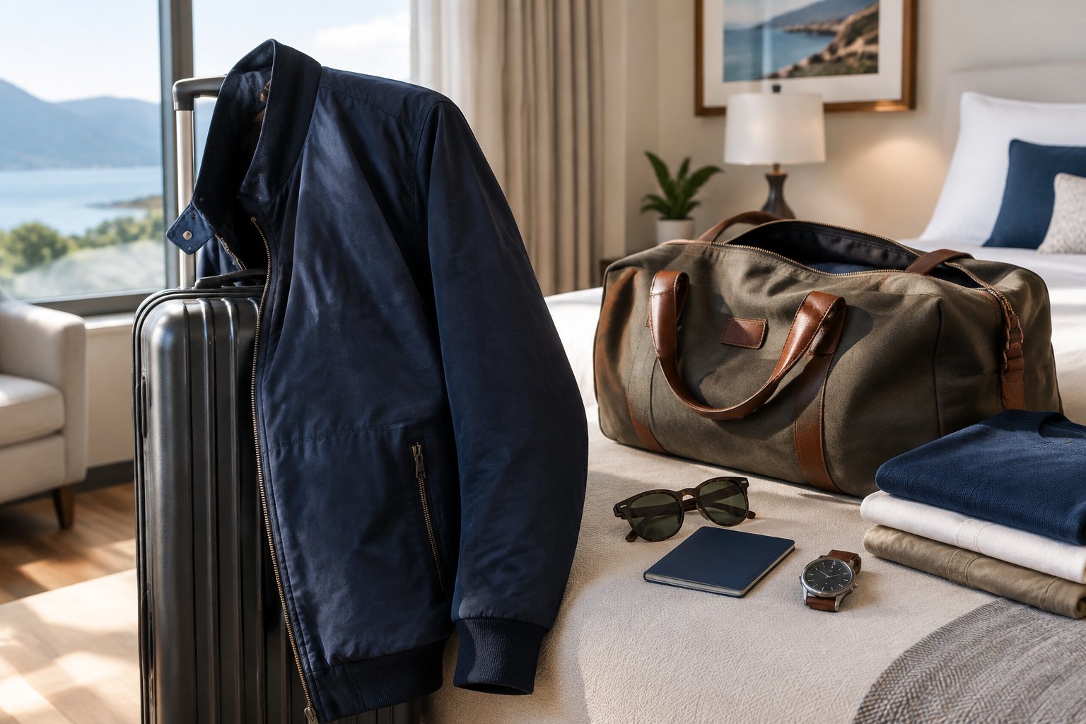 A stylish jacket beside an open travel bag in a bright hotel room.