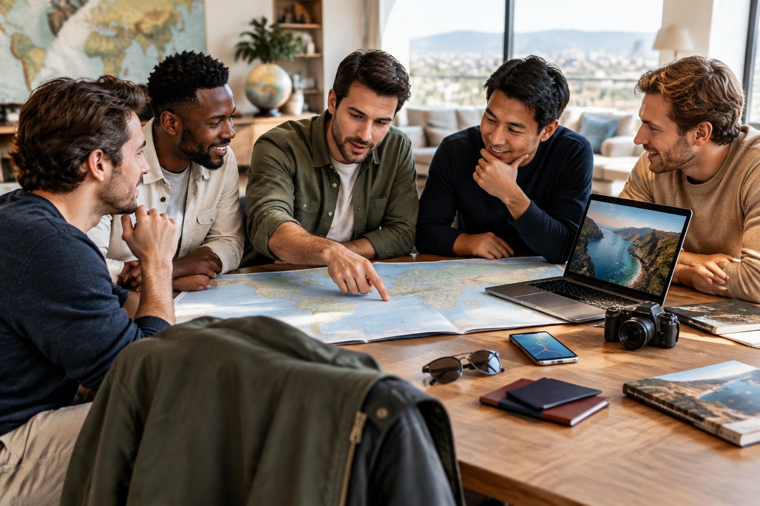 Friends compare travel plans around a table while choosing a bachelor party destination, with a jacket and travel items nearby.