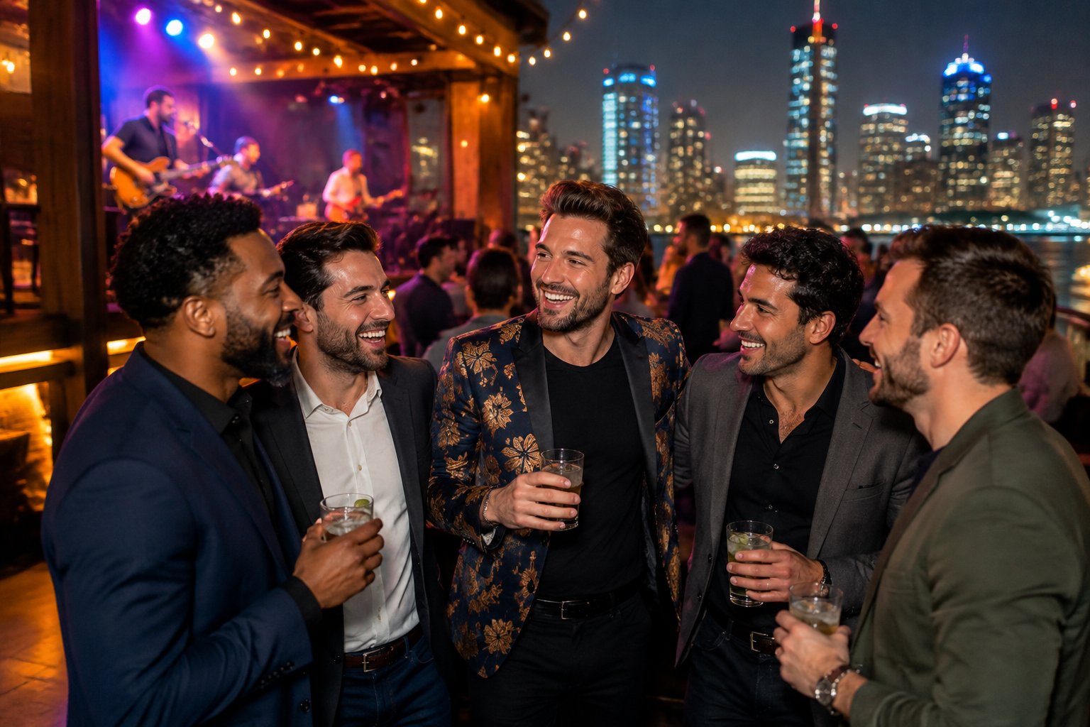 A group of friends in stylish jackets enjoying live music outside a lively city nightlife venue.