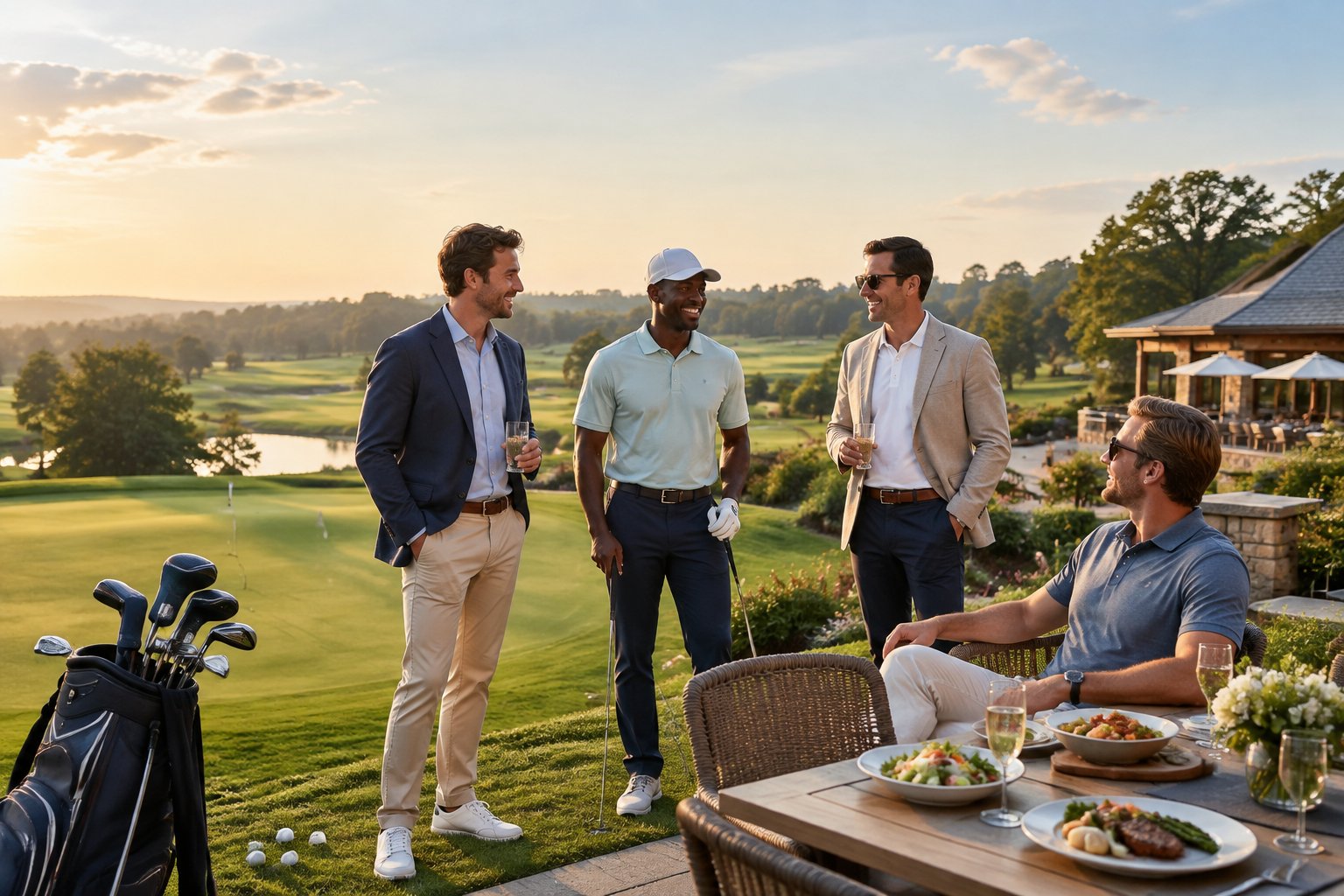 Four friends in resort-casual clothing relax near a golf course and outdoor dining terrace.