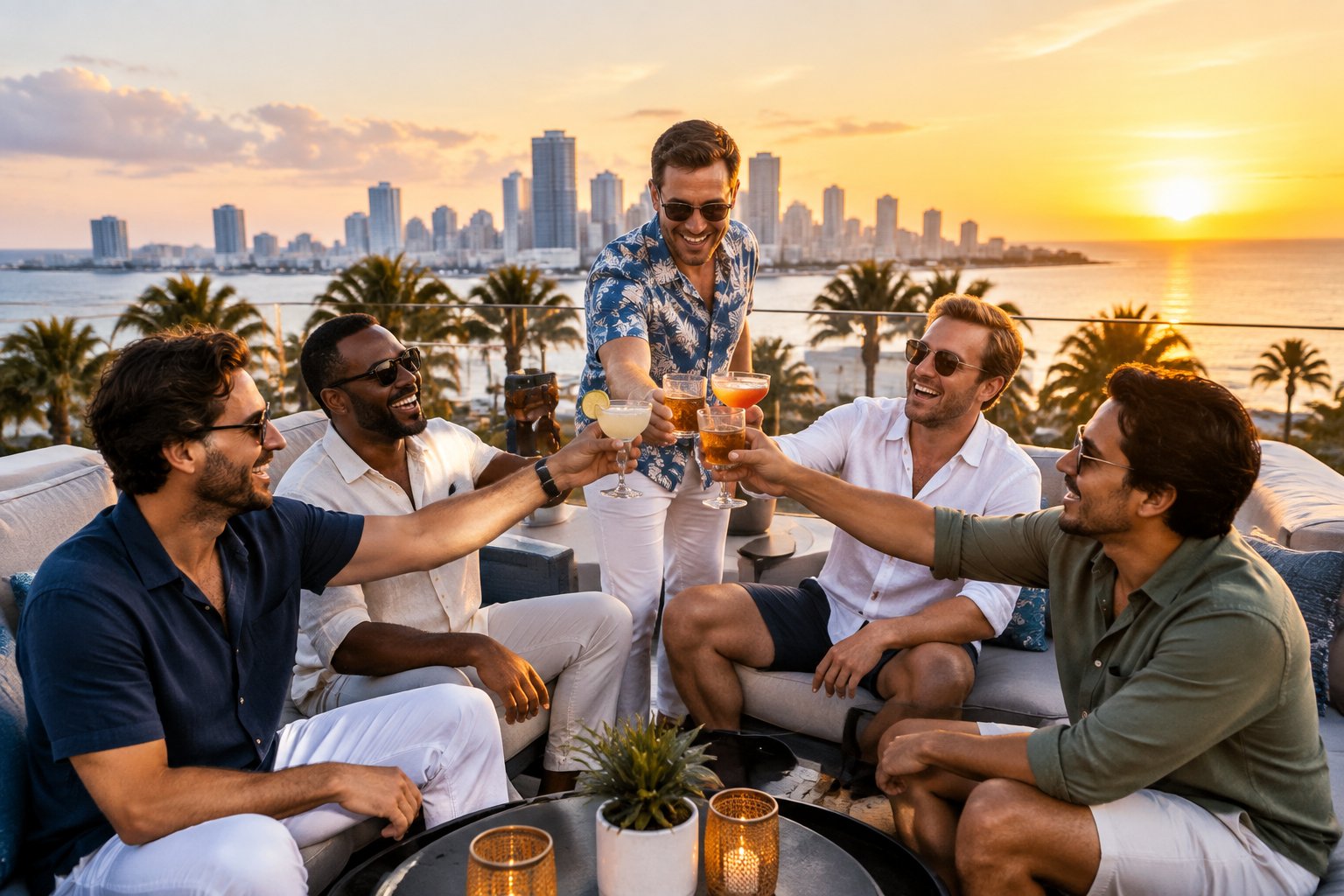A group of friends celebrating together on a rooftop overlooking a coastal city at sunset.