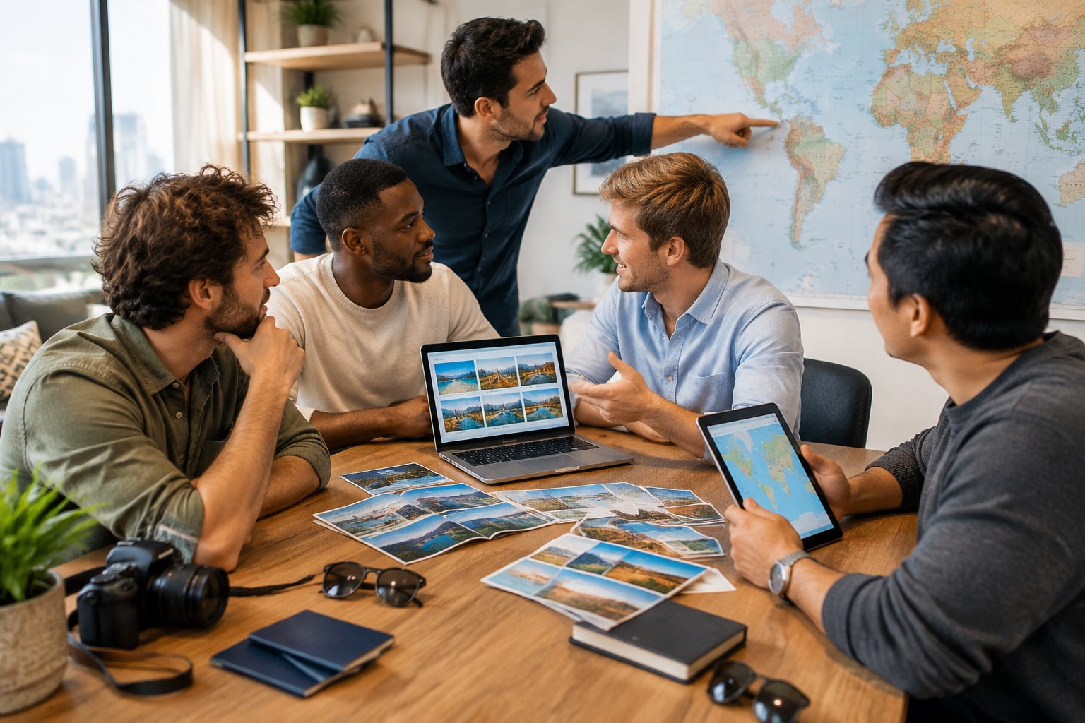 A group of friends compares travel options around a table with maps and digital devices.