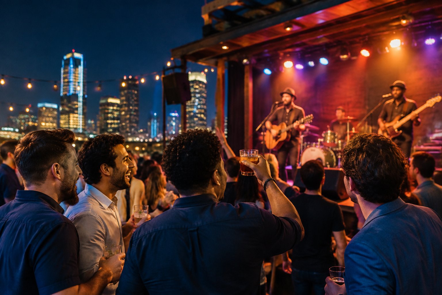 Friends enjoy live music and nightlife at a lively city venue.