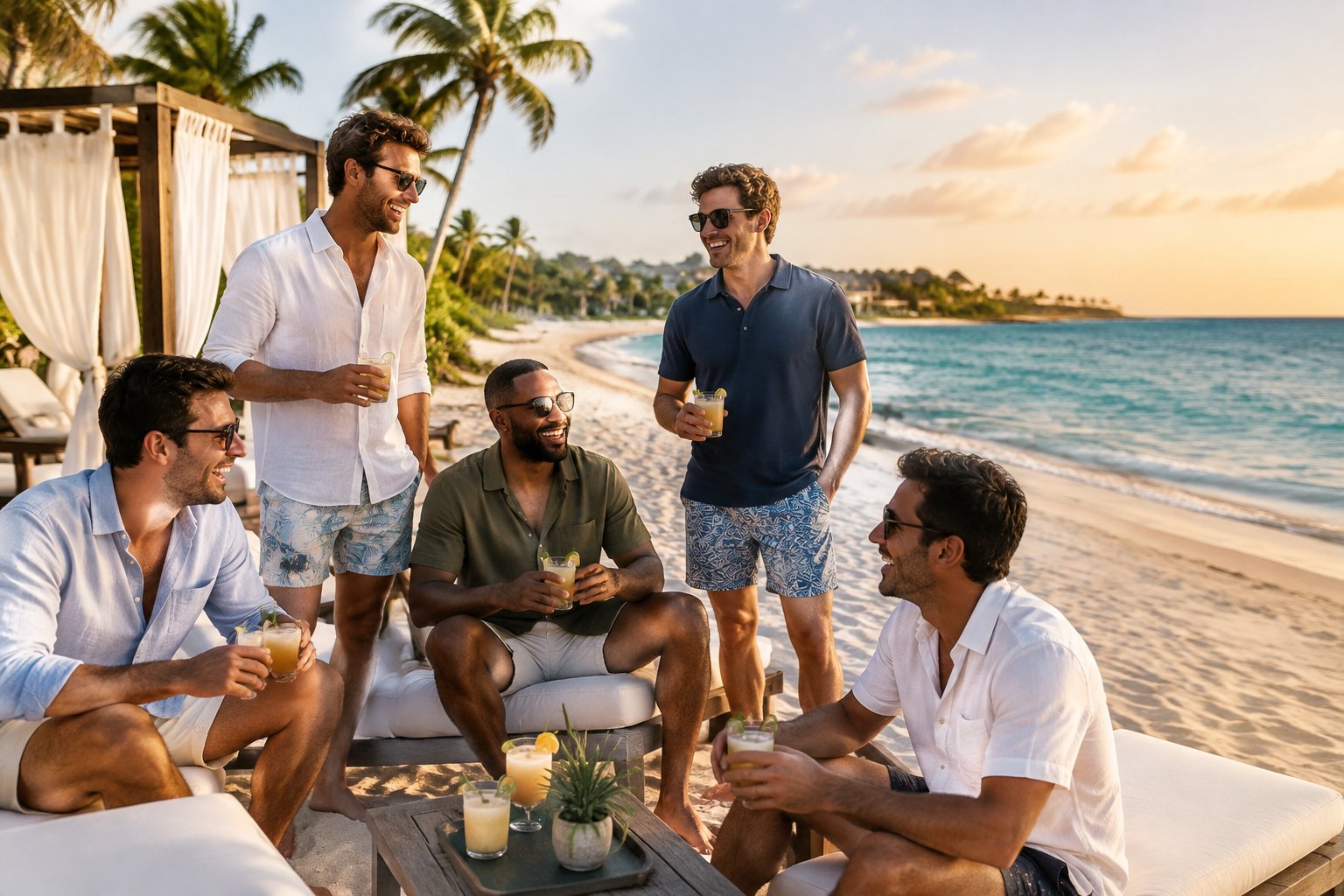 A group of friends enjoying a celebratory gathering on a sunny tropical beach.