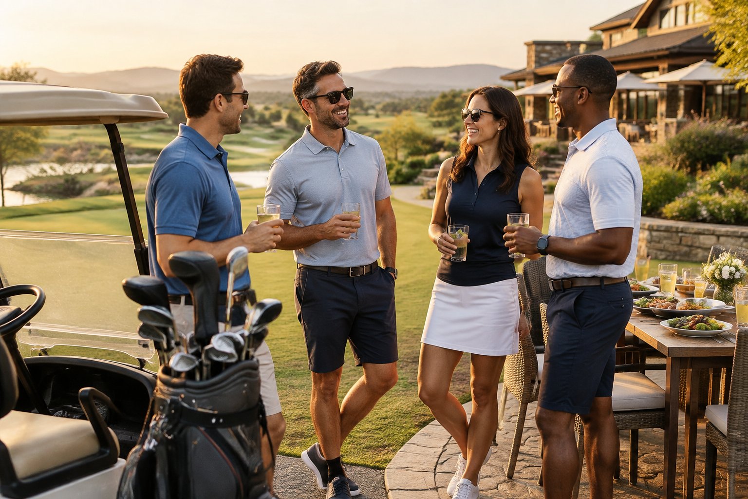 Friends relax with golf clubs and a meal at a scenic golf resort.