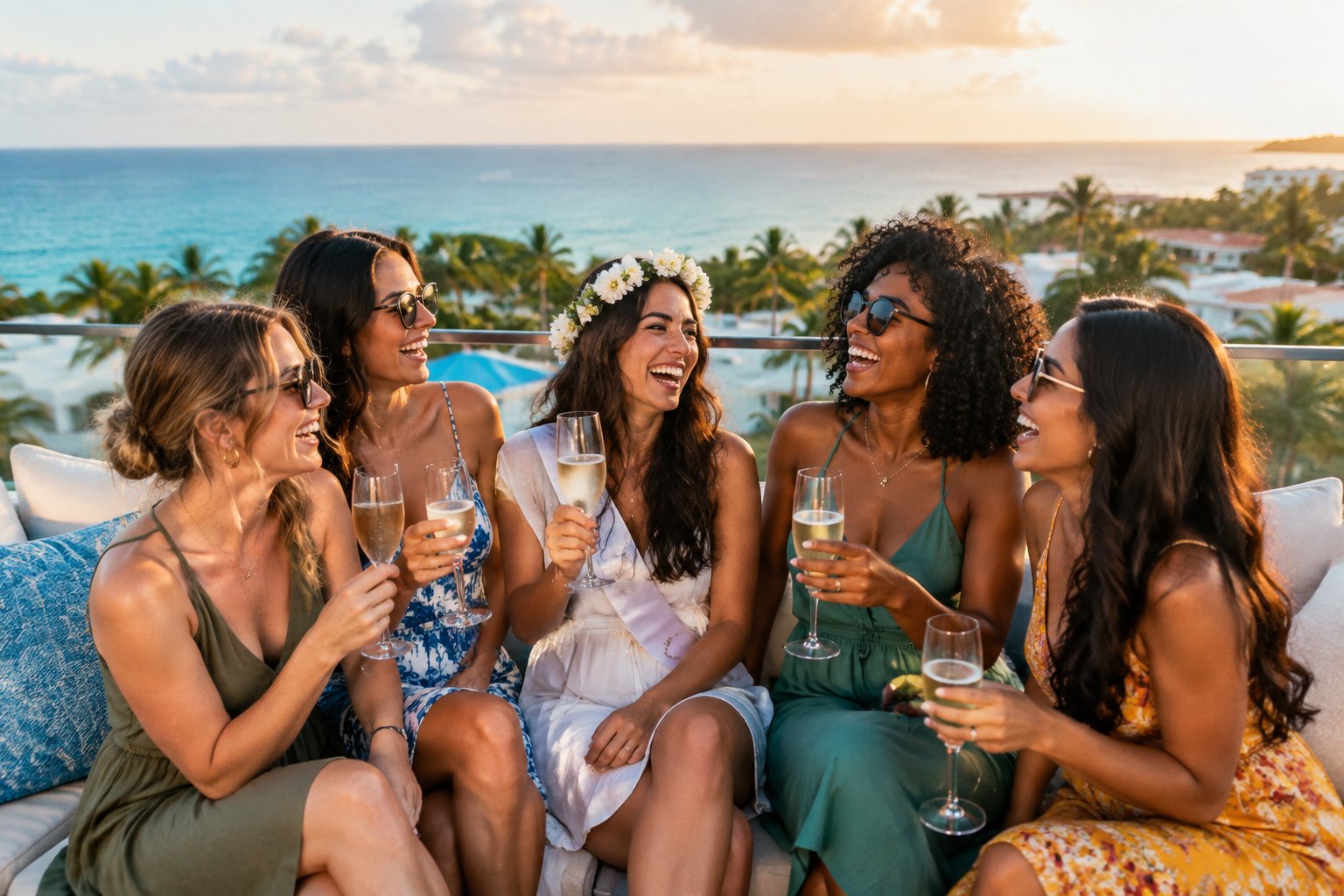 A group of women celebrating a bachelorette getaway on a sunny tropical resort terrace.