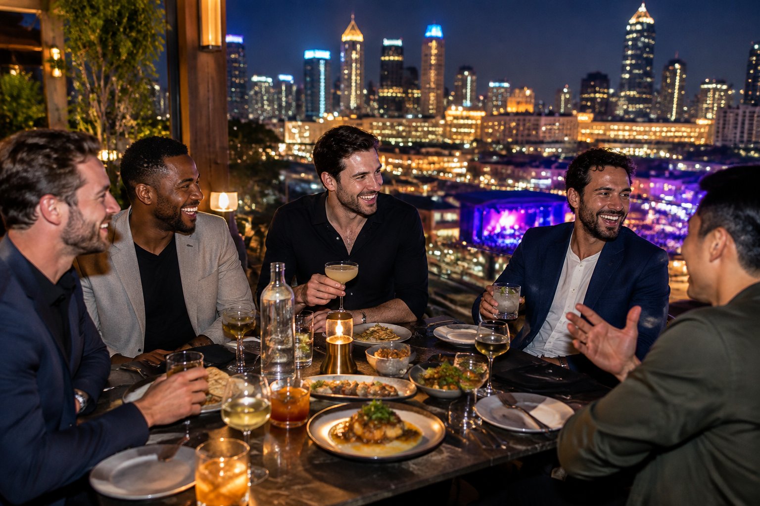 A group of friends enjoying food and drinks on a rooftop restaurant overlooking a lively city at night.