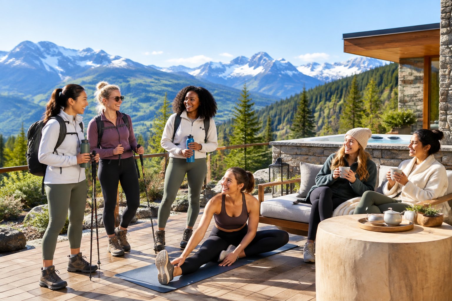 A group of women enjoying a wellness and outdoor getaway at a mountain lodge.