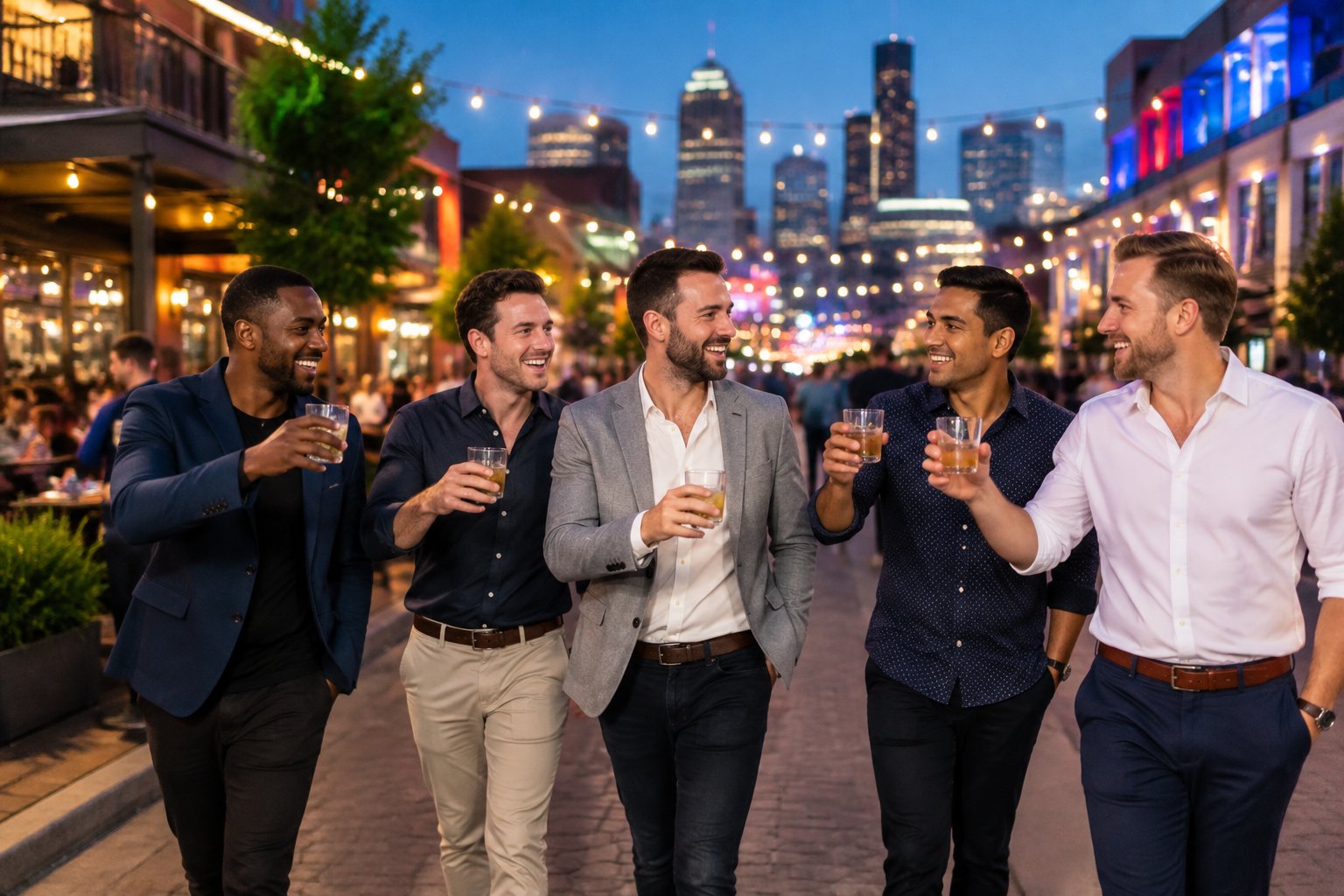 A group of friends celebrating together in Kansas City's lively downtown entertainment district.