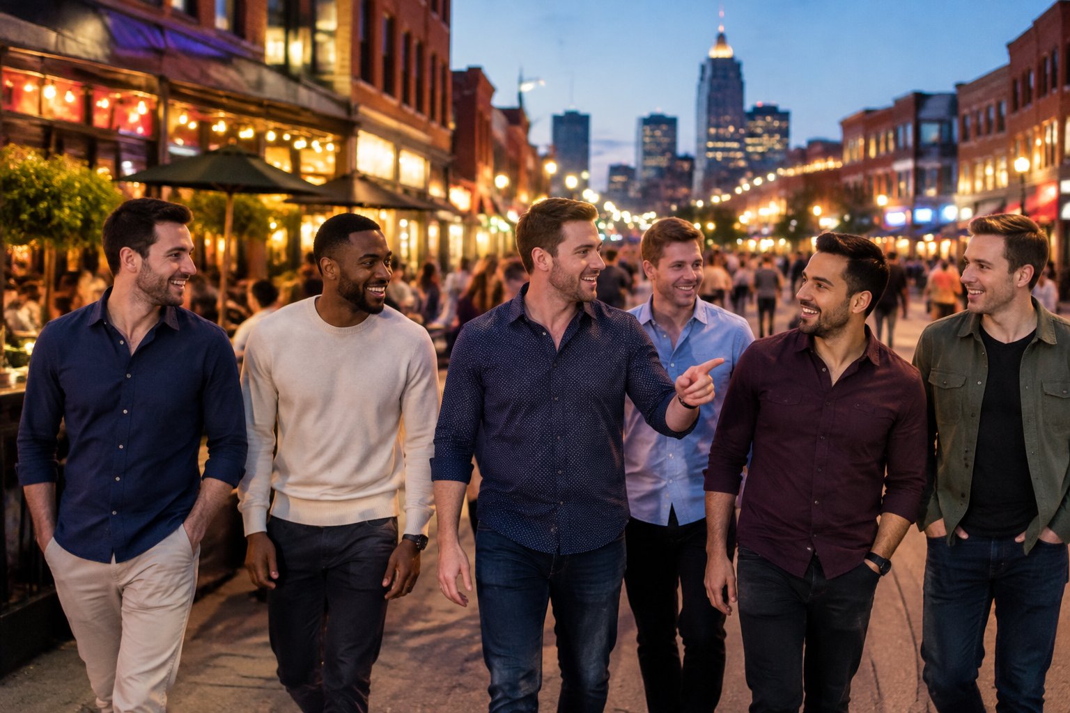 A group of friends enjoys an evening in a lively Kansas City nightlife district.