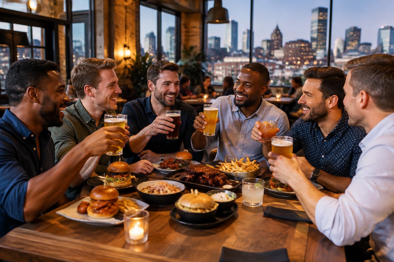 Friends celebrate a bachelor party over food and drinks at a Kansas City restaurant.