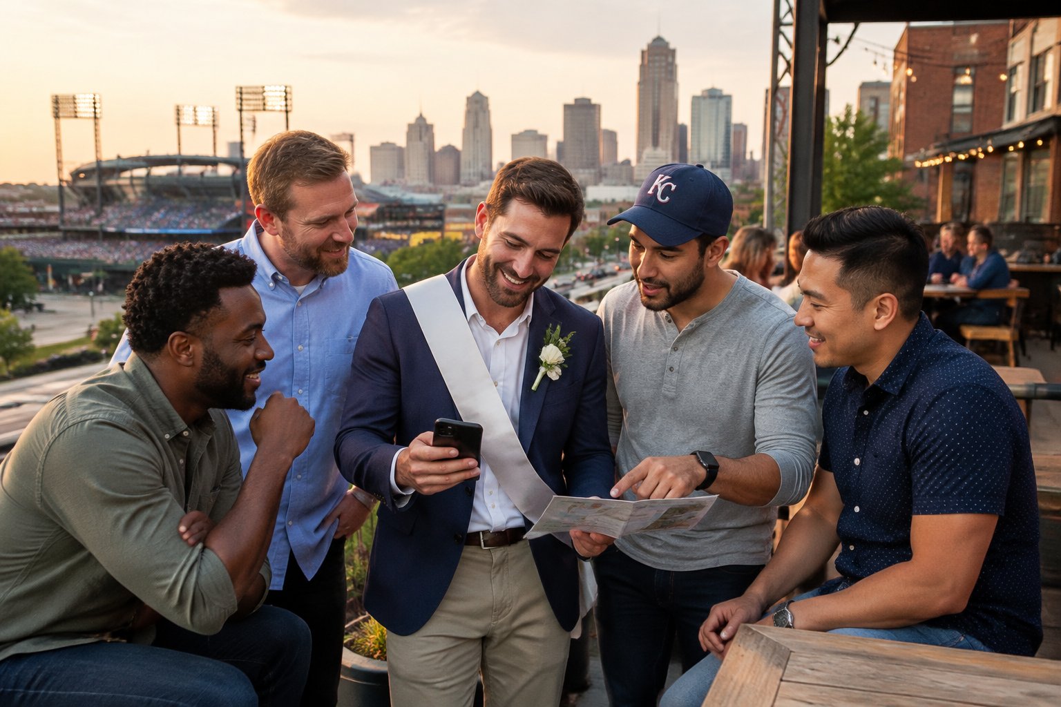 A group of friends discusses bachelor party activities in a Kansas City entertainment district.