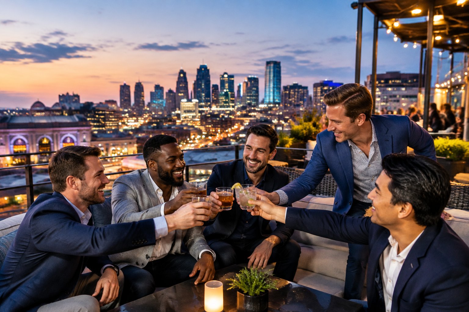 A group of friends celebrating together at a lively Kansas City rooftop lounge at dusk.
