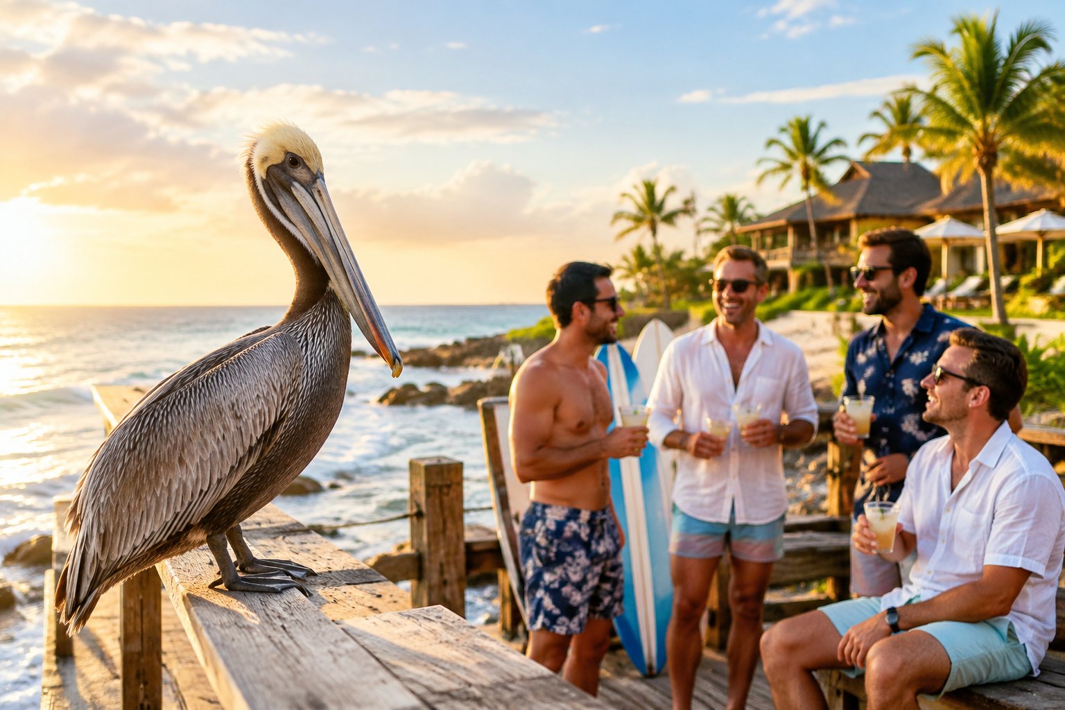 A group of friends celebrates at a sunny tropical beach resort with a pelican on a nearby pier.