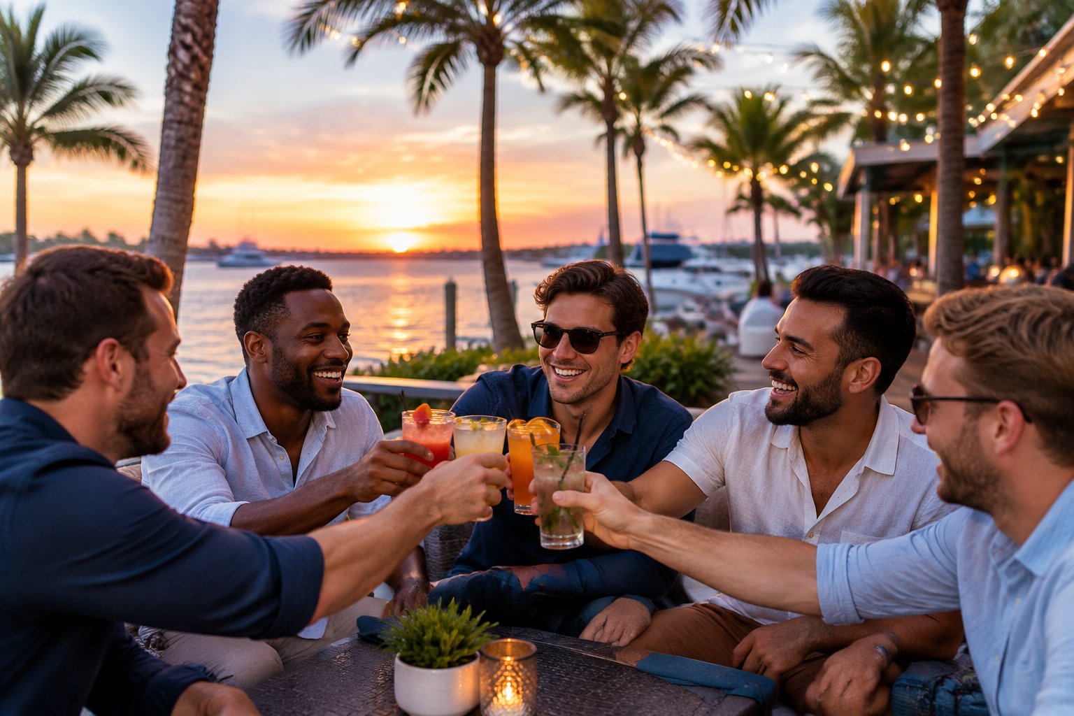 Friends celebrate with drinks at a lively waterfront bar during a coastal evening.