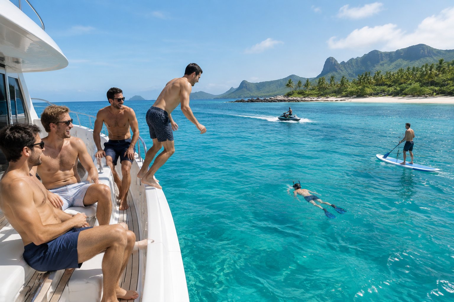 A group of friends enjoying water sports and a sunny beach day from a yacht.