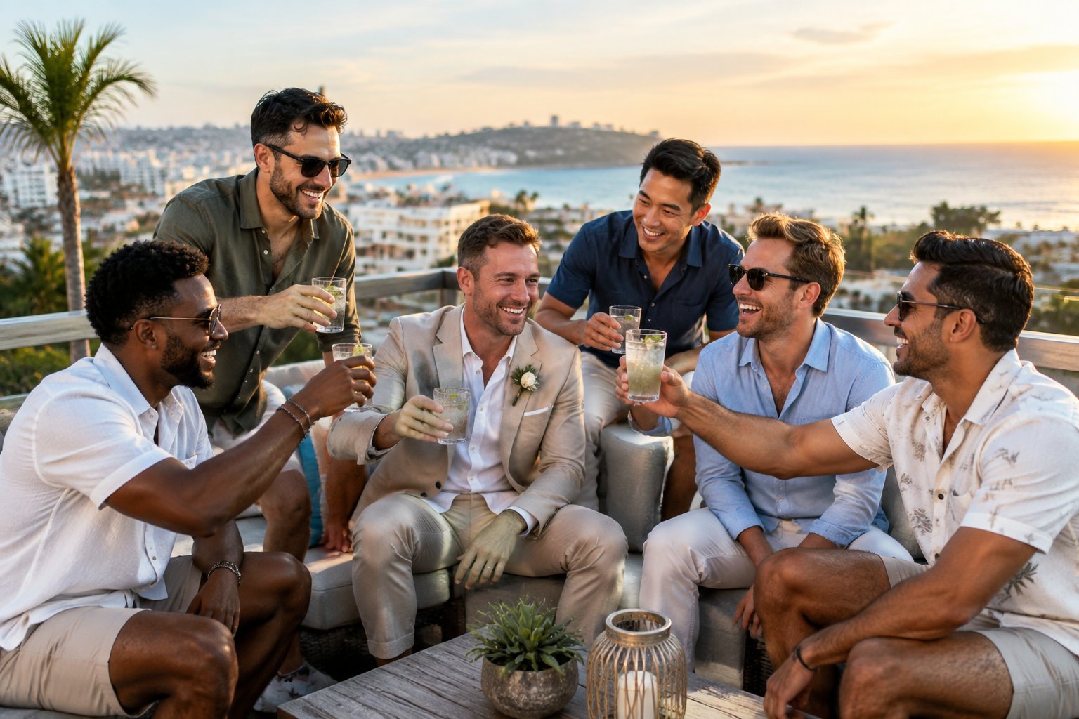 A group of friends celebrates a bachelor party on a sunny rooftop overlooking the ocean.