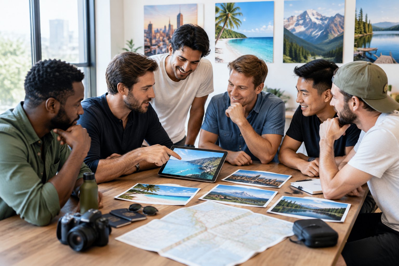 A group of friends compares travel ideas while planning a bachelor party destination.