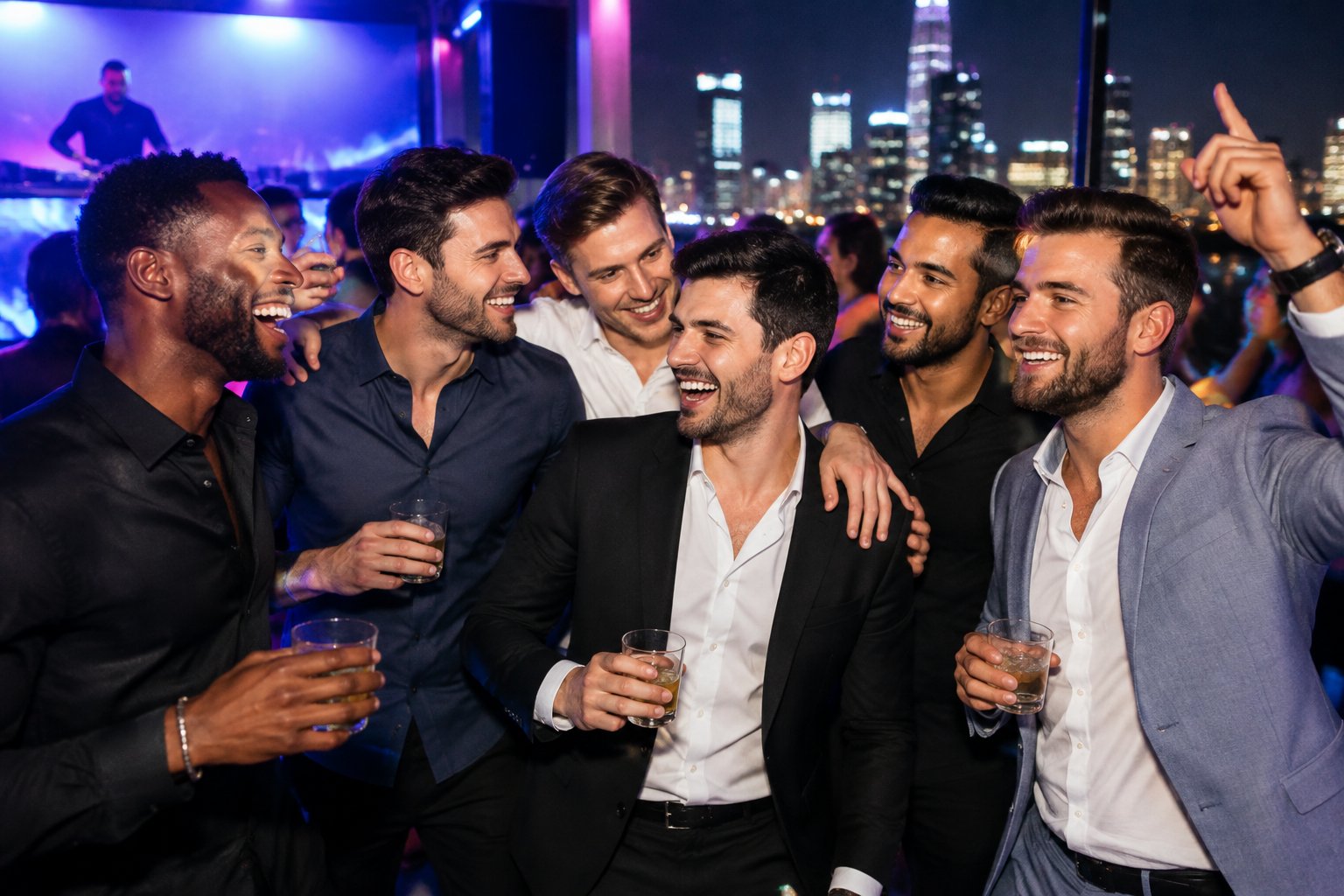 A group of friends celebrating together at a lively nightlife venue with music and colorful lights.