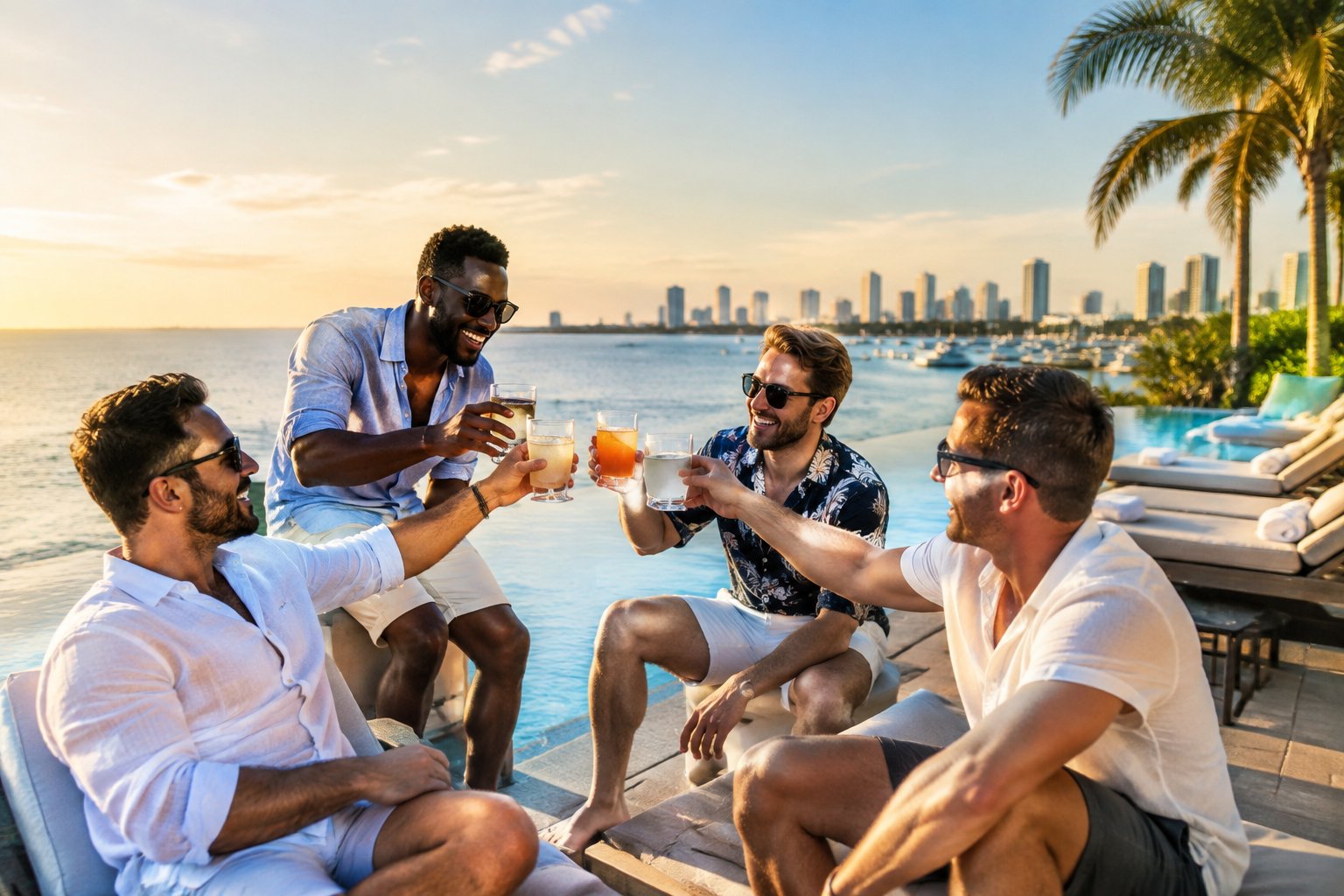 A group of friends celebrating beside an infinity pool at a sunny coastal resort.