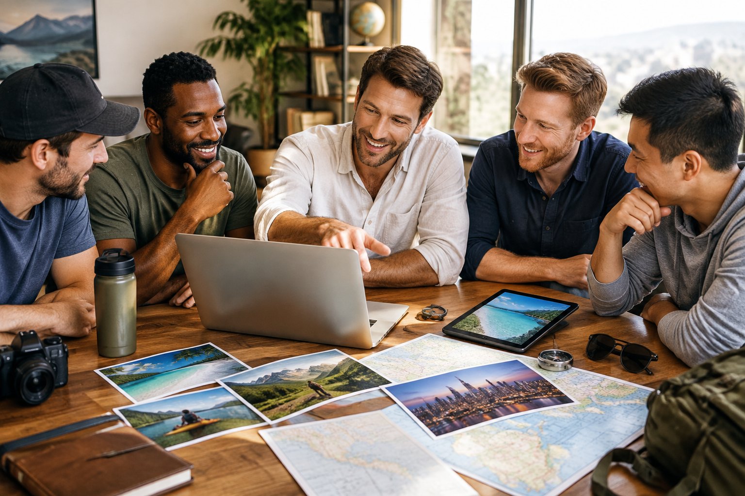 A group of friends compares travel options while planning a bachelor party trip.