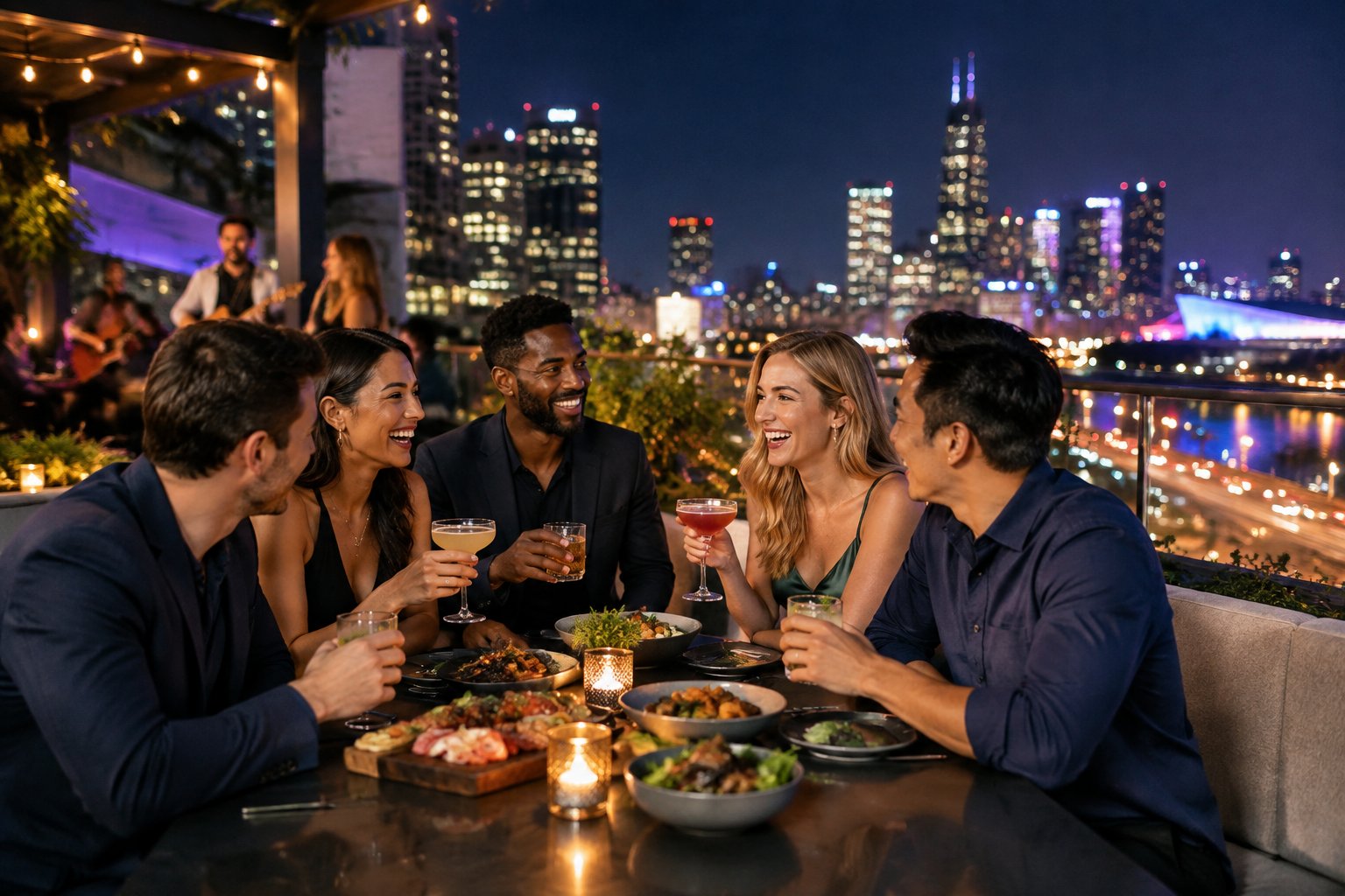 A group of friends enjoys food, drinks, live music, and city nightlife at a rooftop venue.