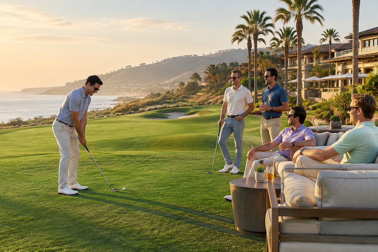 A group of friends relaxes at a luxury golf resort beside a manicured fairway.