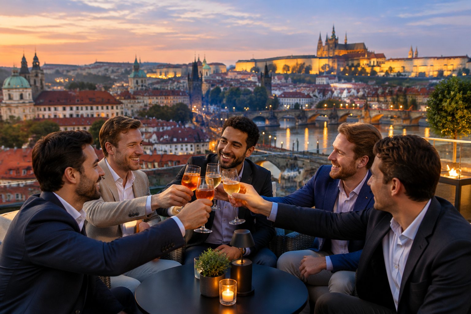 A group of friends raises glasses together at a rooftop bar overlooking Prague’s historic skyline.