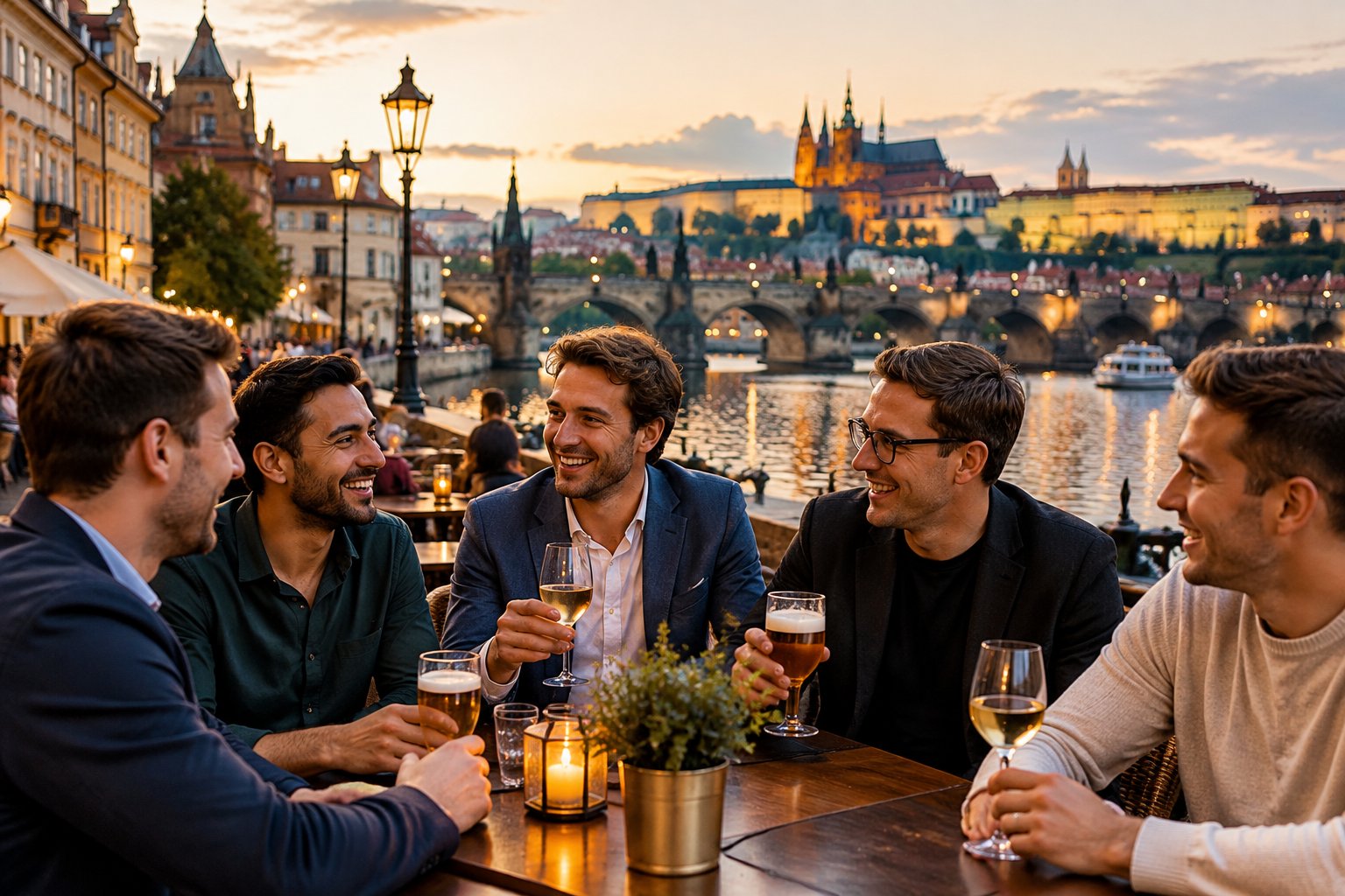 A group of friends enjoying an evening together at a riverside restaurant in historic Prague.