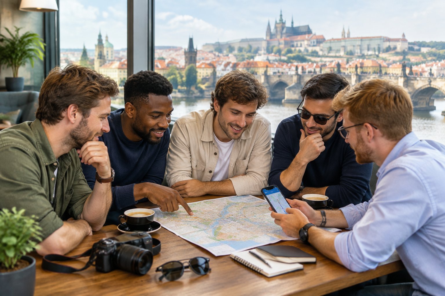 A group of friends plans a Prague itinerary around a table with a map and smartphone, with historic city rooftops visible behind them.