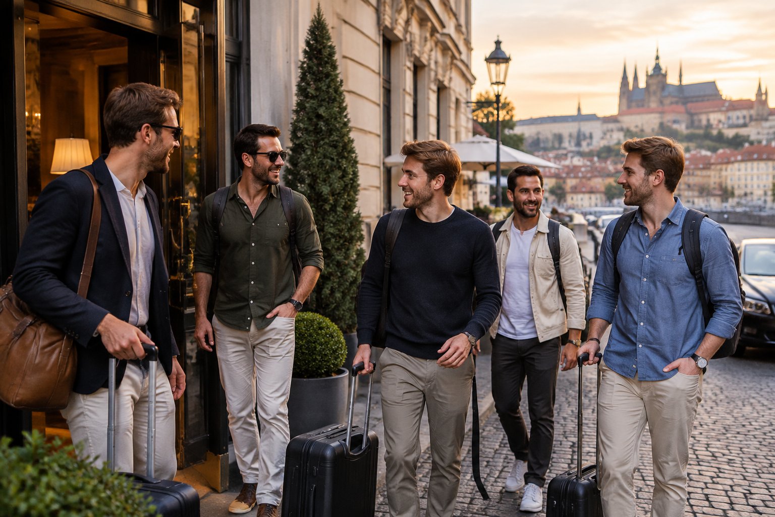 A group of friends with luggage outside a stylish accommodation in Prague.