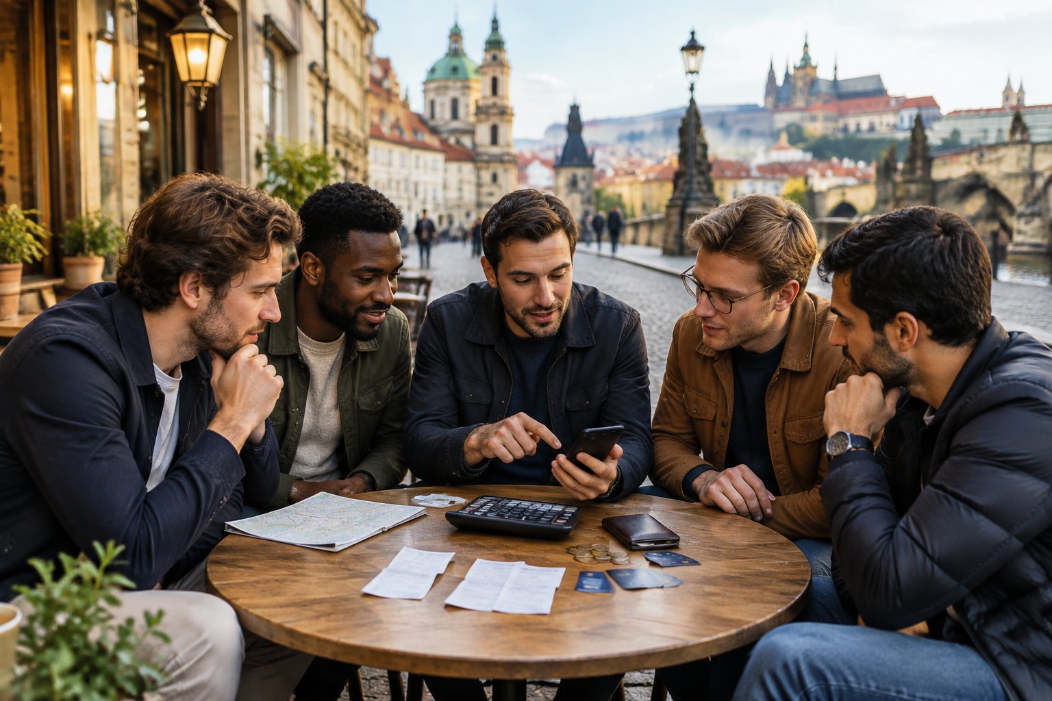 Friends review a Prague bachelor party budget at a café near historic city buildings.