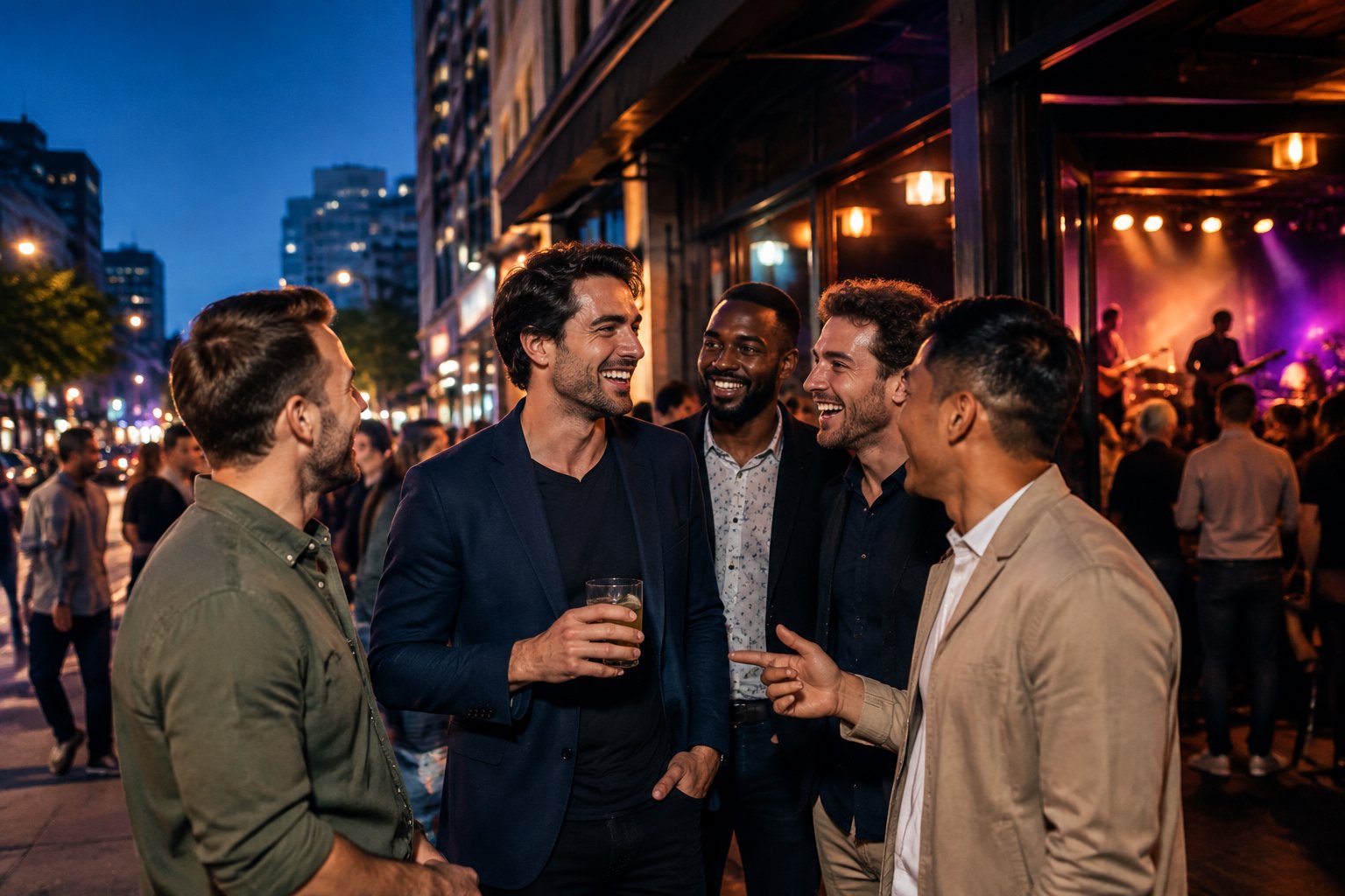 A group of friends celebrating outside a lively live-music venue at night.