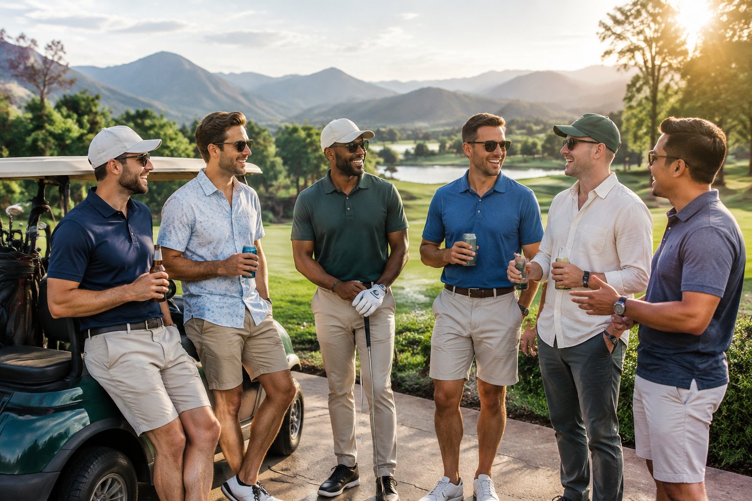 A group of friends gathers beside a golf cart on a scenic golf course.