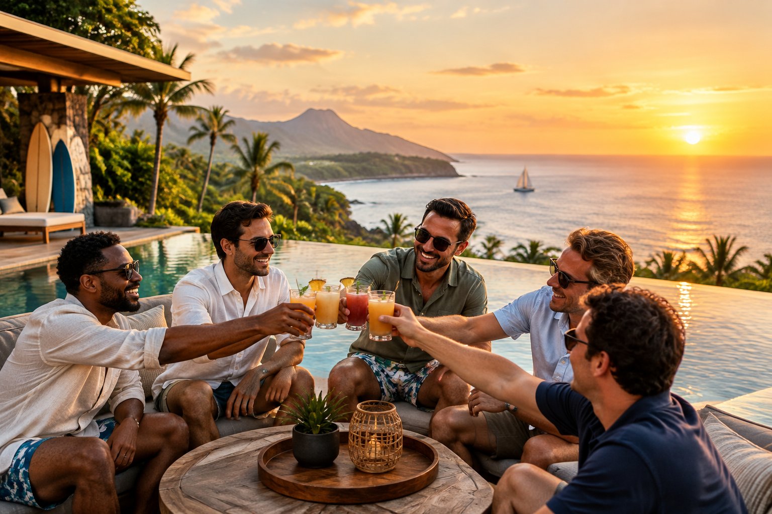 A group of friends celebrating at a tropical beachfront resort overlooking the ocean.