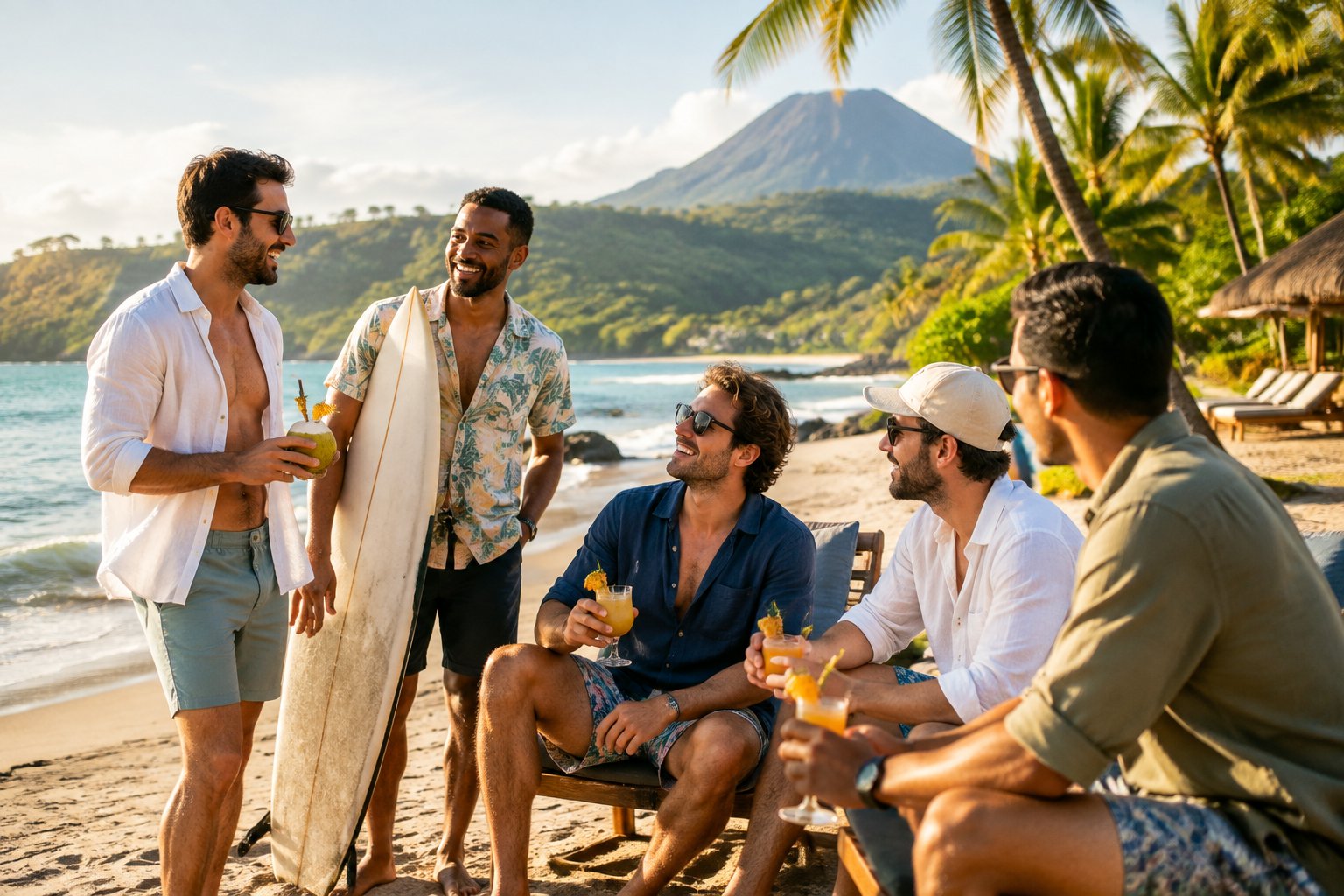 A group of friends relaxes on a tropical beach beside a lush rainforest and turquoise ocean.