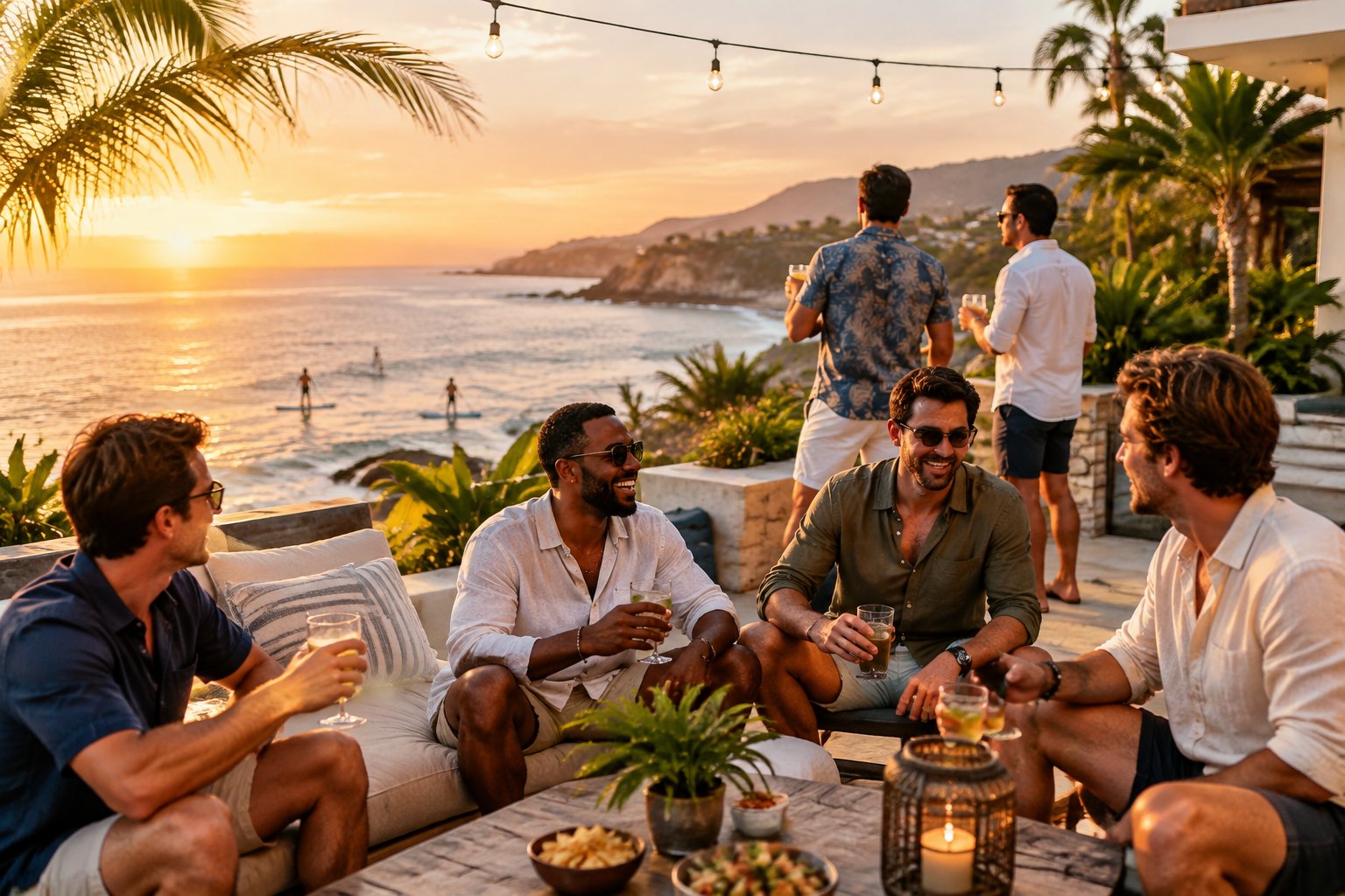 A group of friends enjoying a sunset celebration on a stylish beachfront terrace.