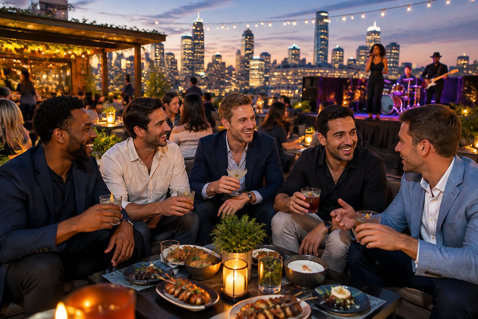 A group of friends enjoying food, live music, and nightlife at a lively rooftop venue in an American city.